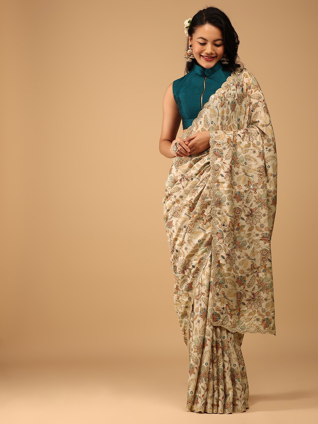 

KALKI Fashion Floral Printed Mirror Worked Silk Cotton Saree, White