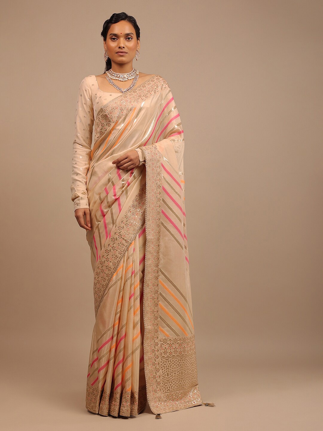 

KALKI Fashion Striped Woven Design Zari Dola Silk Saree, Beige