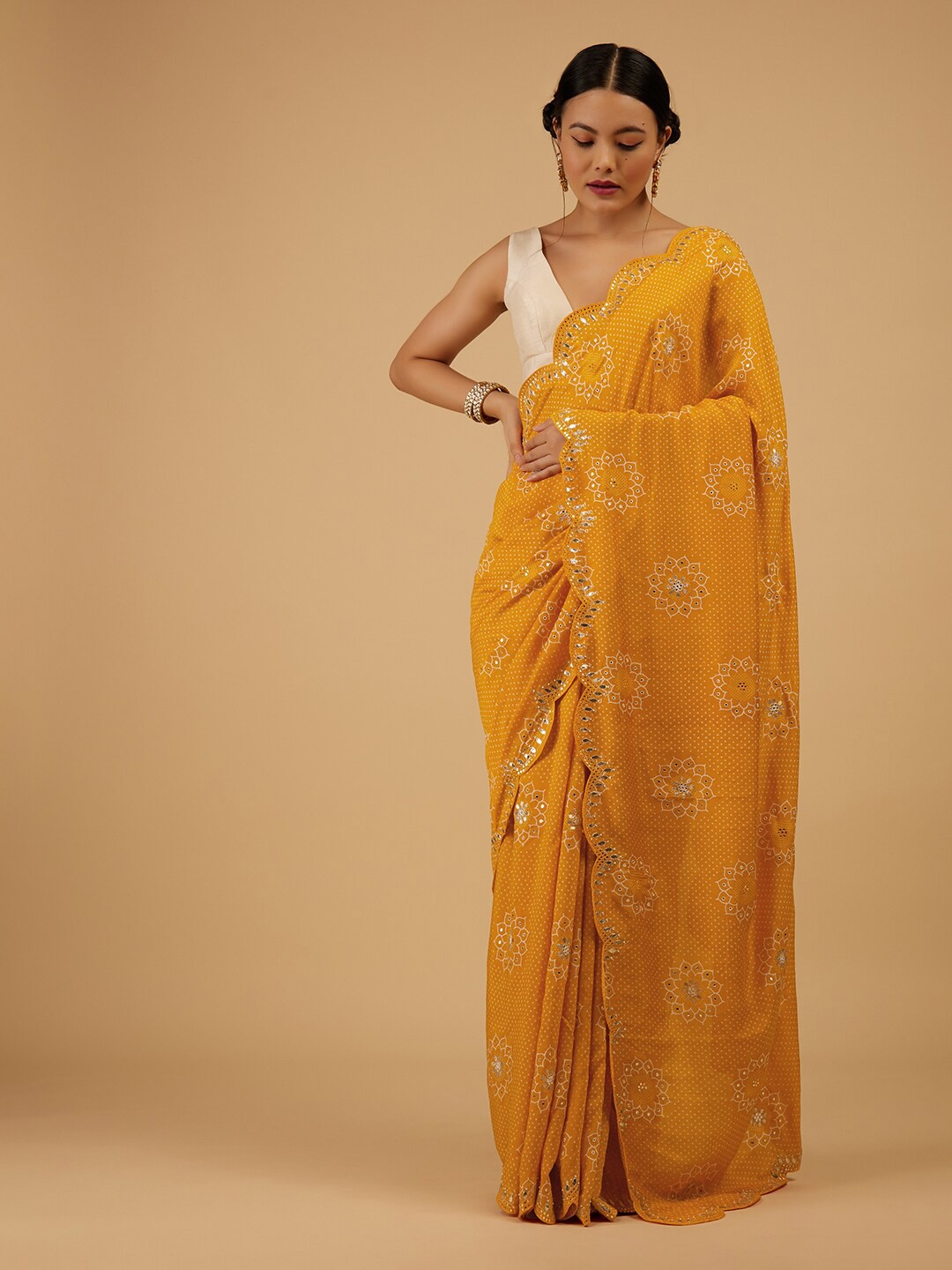 

KALKI Fashion Floral Mirror Work Silk Cotton Saree, Yellow