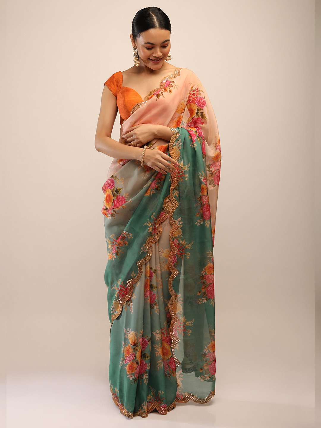 

KALKI Fashion Floral Mirror Work Saree, Green