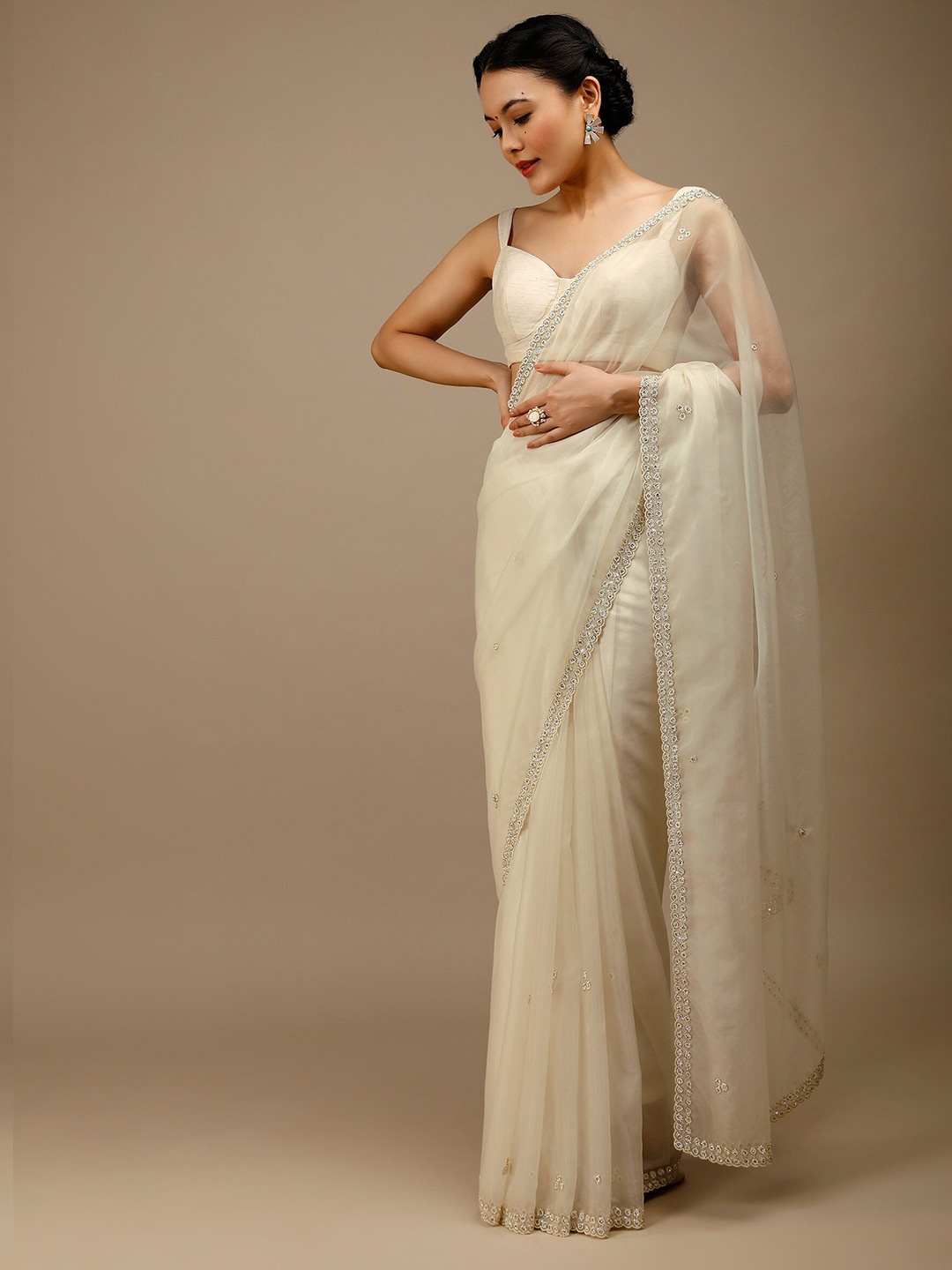 

KALKI Fashion Embellished Beads and Stones Organza Saree, White