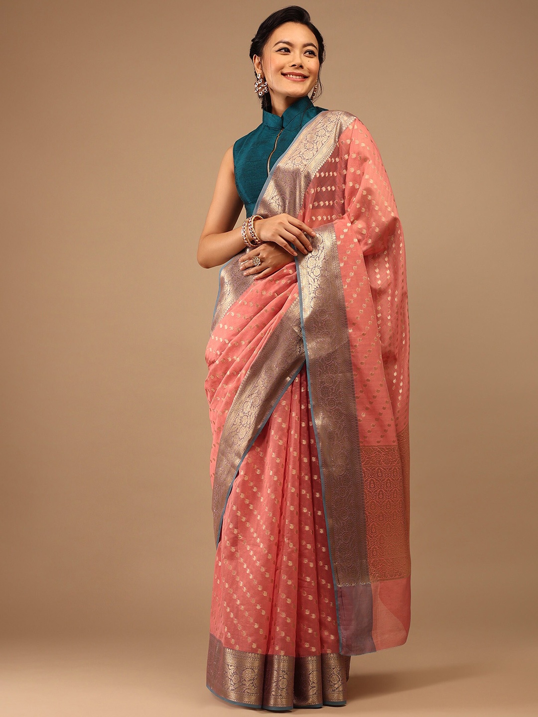 

KALKI Fashion Polka Dots Woven Design Zari Pure Cotton Saree, Peach