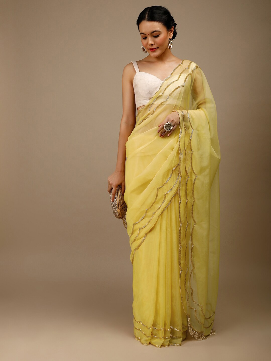 

KALKI Fashion Beads and Stones Organza Saree, Yellow