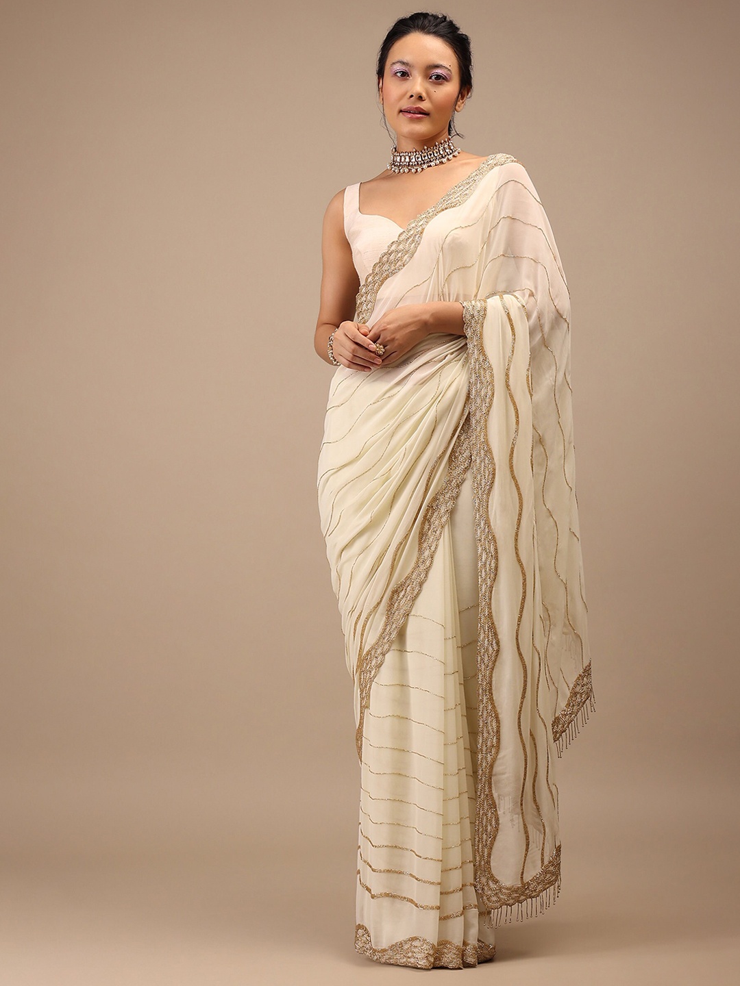 

KALKI Fashion Embellished Beads and Stones Pure Georgette Saree, White