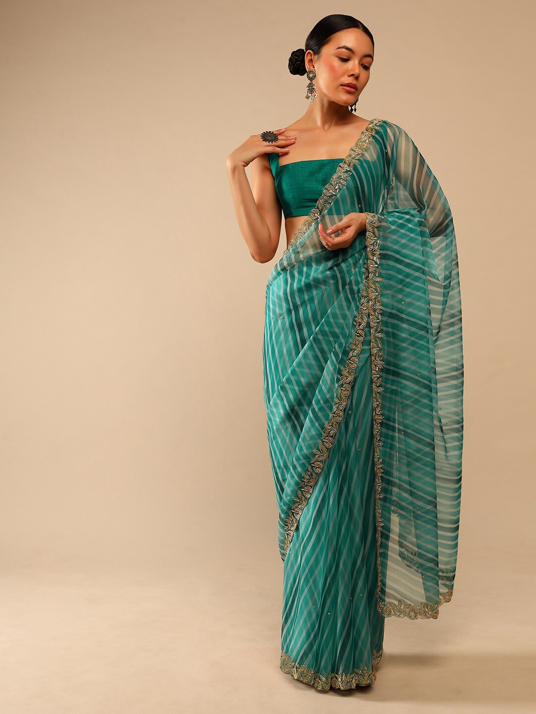 

KALKI Fashion Striped Beads and Stones Saree, Teal