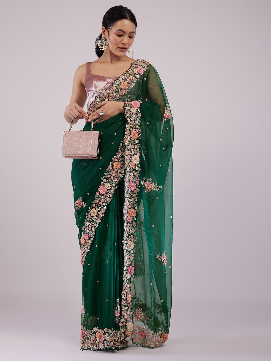 

KALKI Fashion Embellished Sequinned Organza Saree, Green