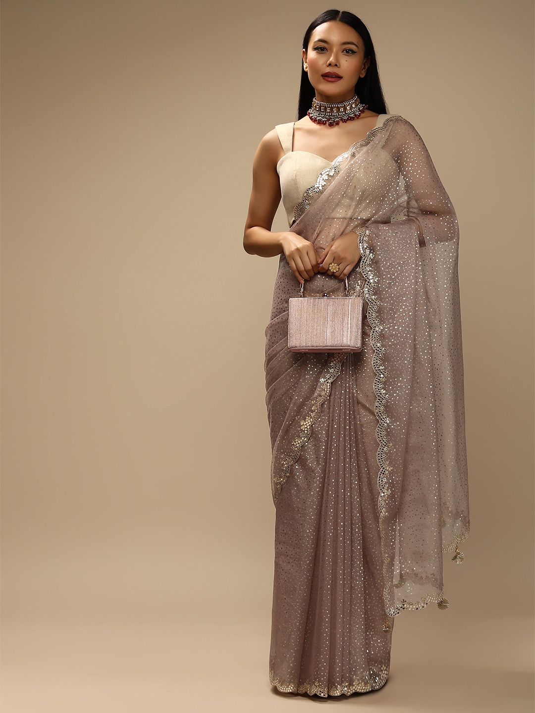 

KALKI Fashion Mirror Work Organza Saree, Brown