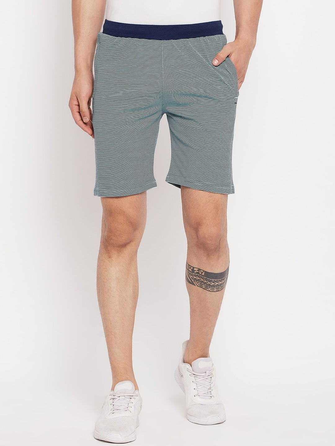 

Okane Men Striped Mid Rise Sports Shorts, Black