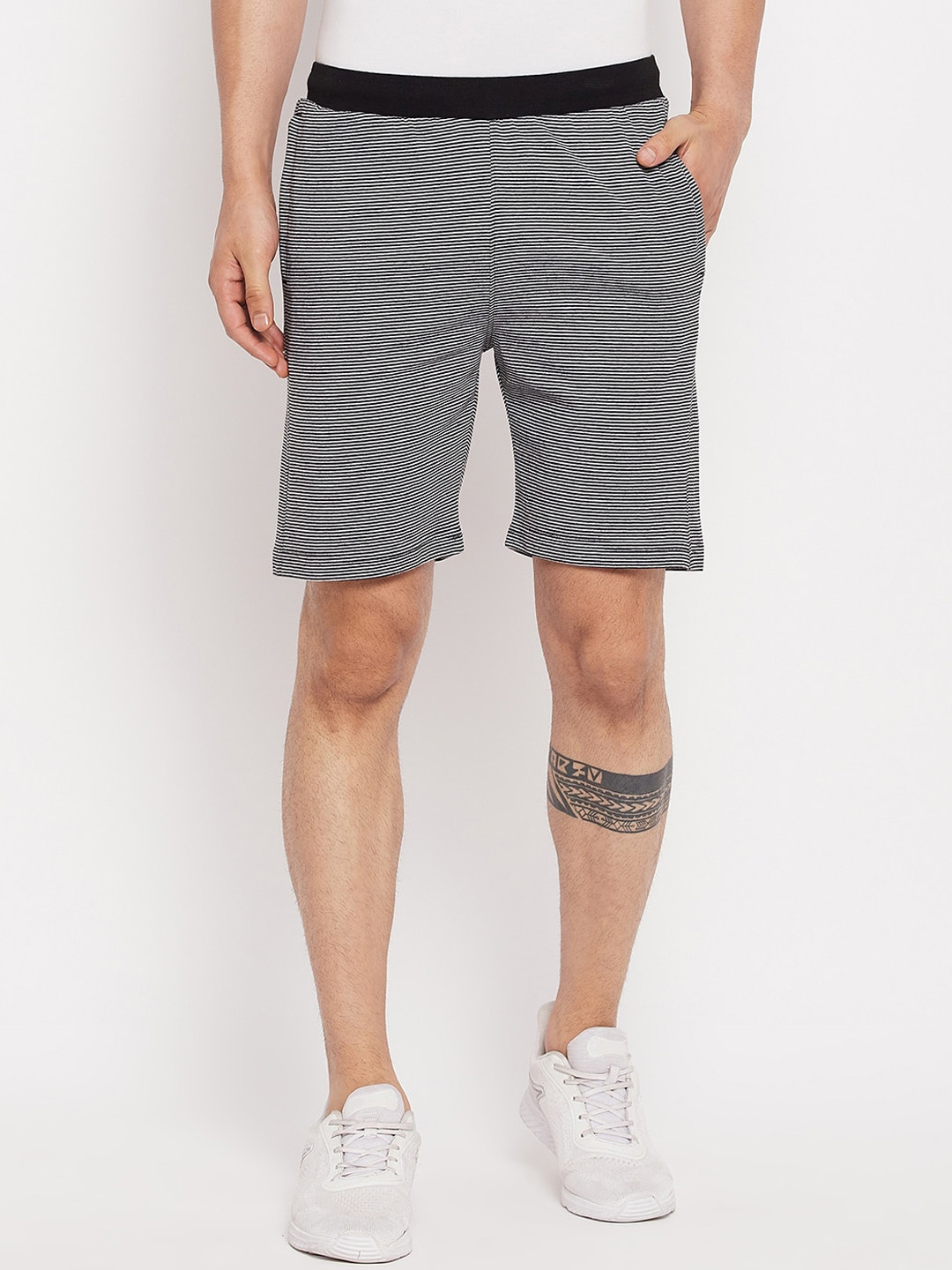 

Okane Men Striped Mid Rise Sports Shorts, Black