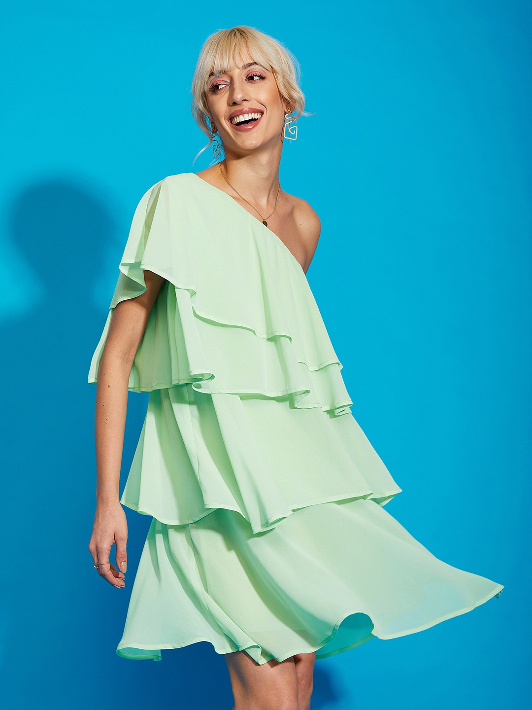 

SASSAFRAS Green One Shoulder Layered Georgette A-Line Dress