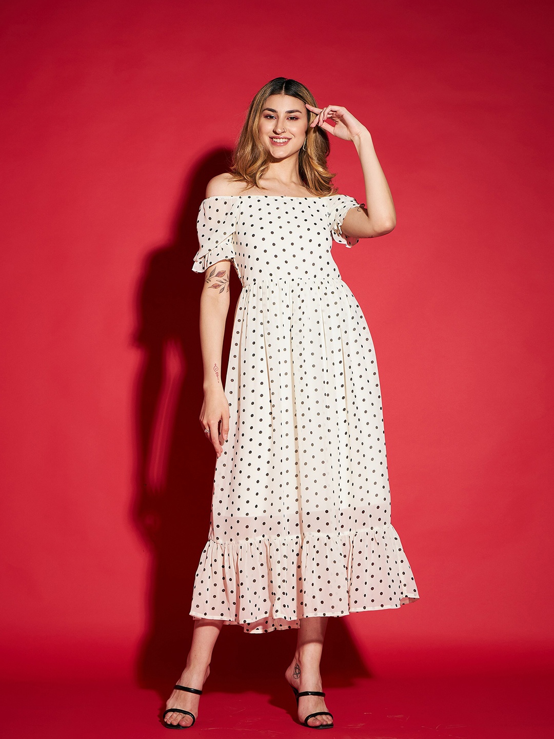 

SASSAFRAS White Polka Dot Printed Off Shoulder Georgette Maxi Dress