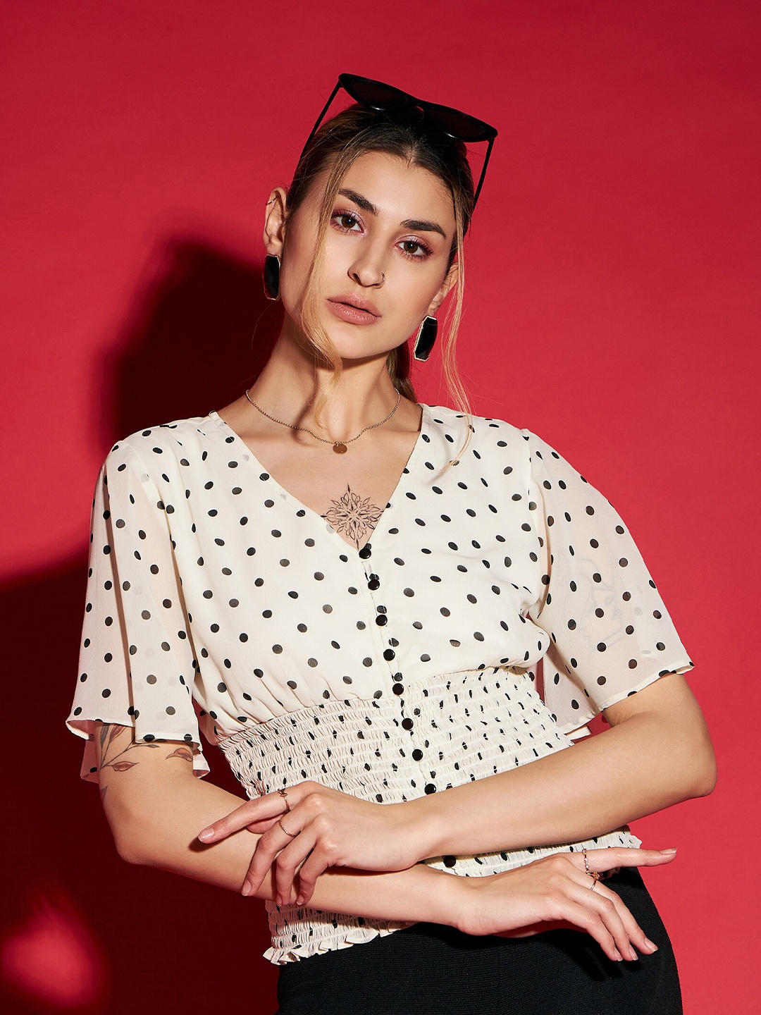 

SASSAFRAS White-Coloured Polka Dots Printed V-Neck Flared Sleeves Smocked Top