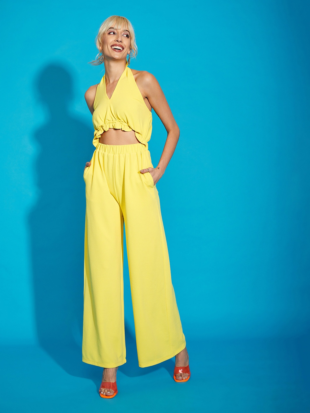 

SASSAFRAS Yellow Halter Neck Basic Jumpsuit With Ruffles