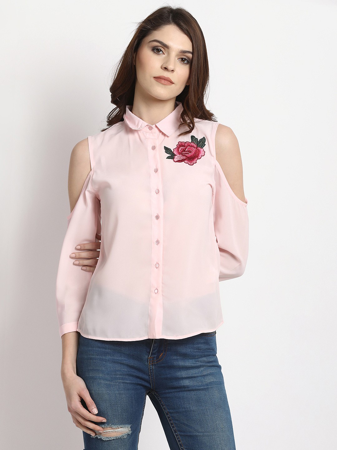 

RARE Women Pink Solid Cold Shoulder Top