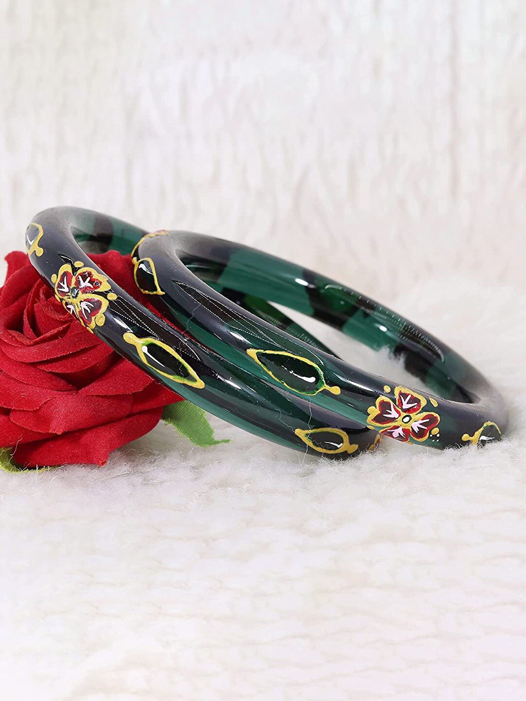 

NMII Set Of 2 Leaf Printed Bangles, Green