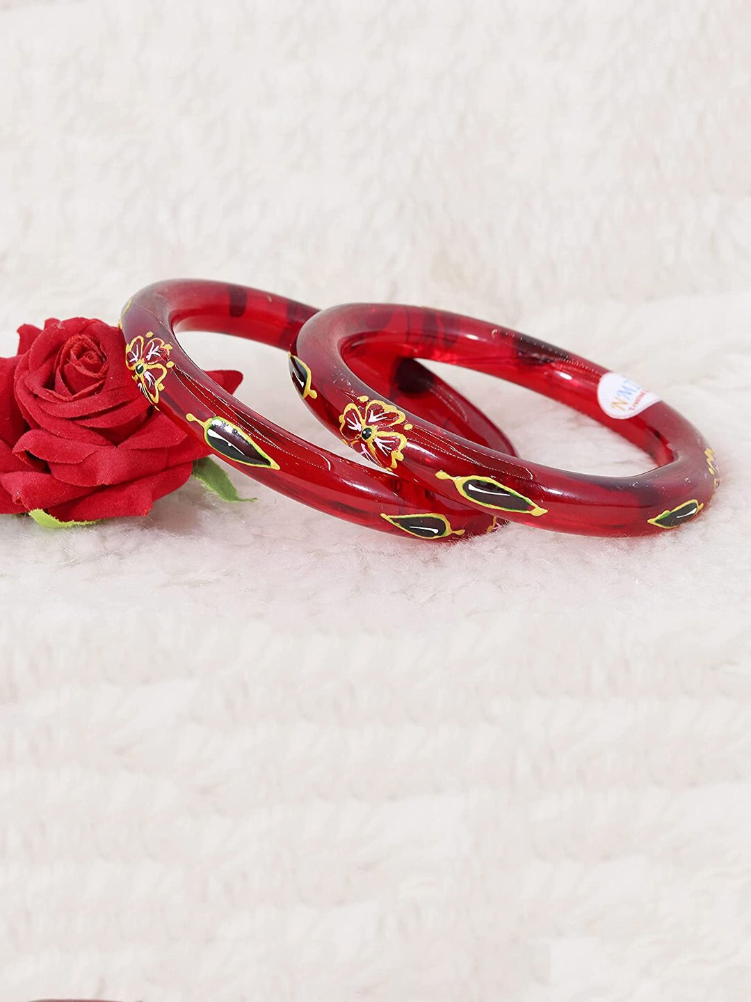 

NMII Set Of 2 Leaf Printed Bangles, Red