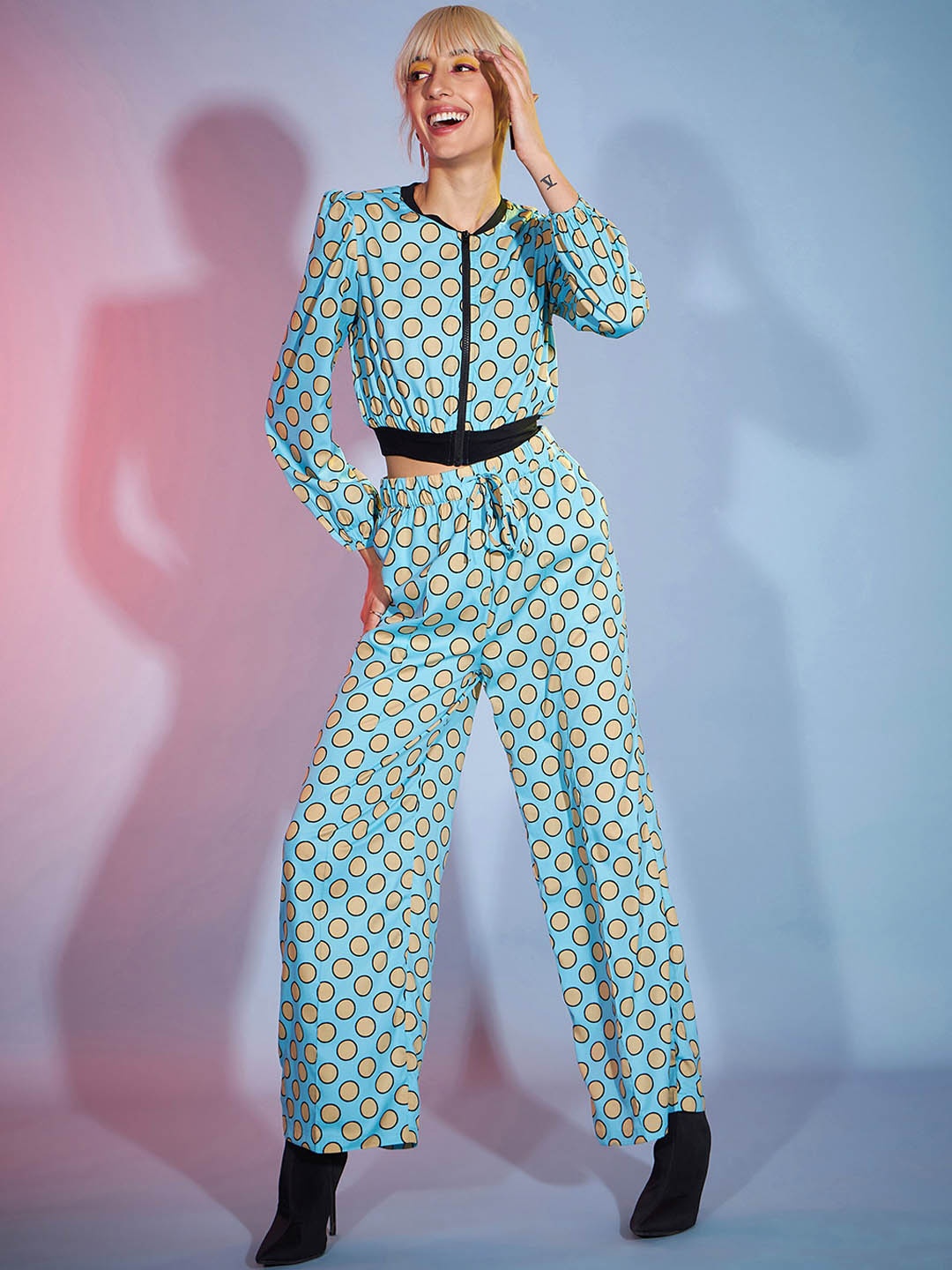 

SASSAFRAS Turquoise Blue Polka Printed Jacket With Darted Pant Co-Ords