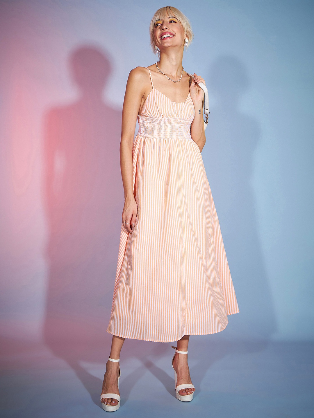 

SASSAFRAS Striped Shoulder Straps Smocked Fit & Flare Maxi Dress, Orange