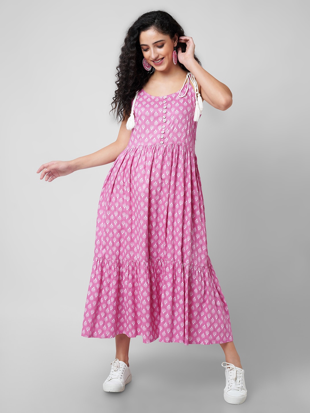 

KALINI Ethnic Motifs Printed Tiered Fit & Flare Maxi Dress, Pink