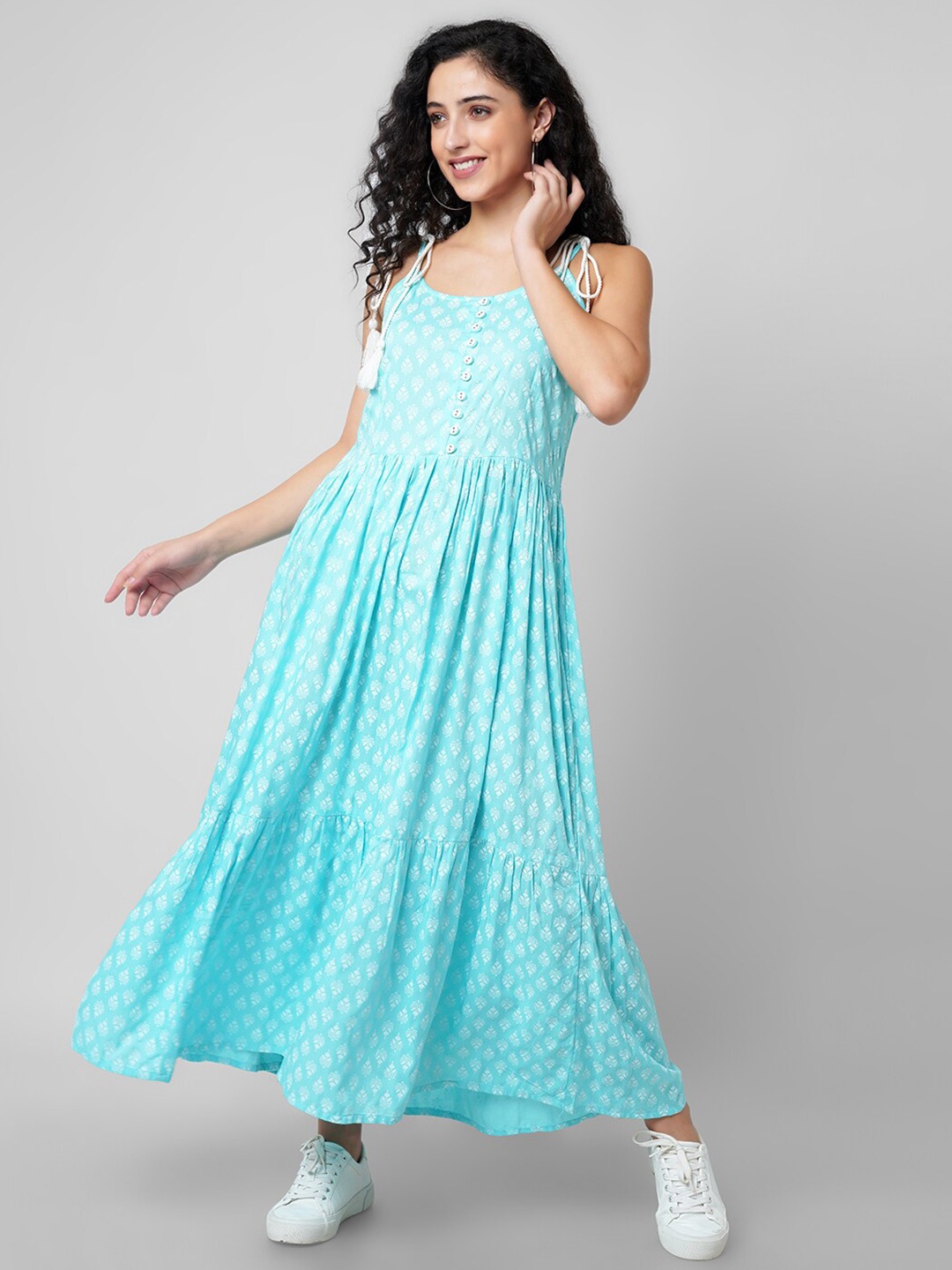 

KALINI Ethnic Motifs Printed Tiered Fit & Flare Maxi Dress, Sea green