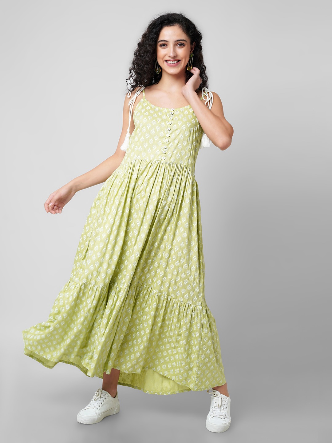 

KALINI Ethnic Motifs Printed Tiered Fit & Flare Maxi Dress, Green
