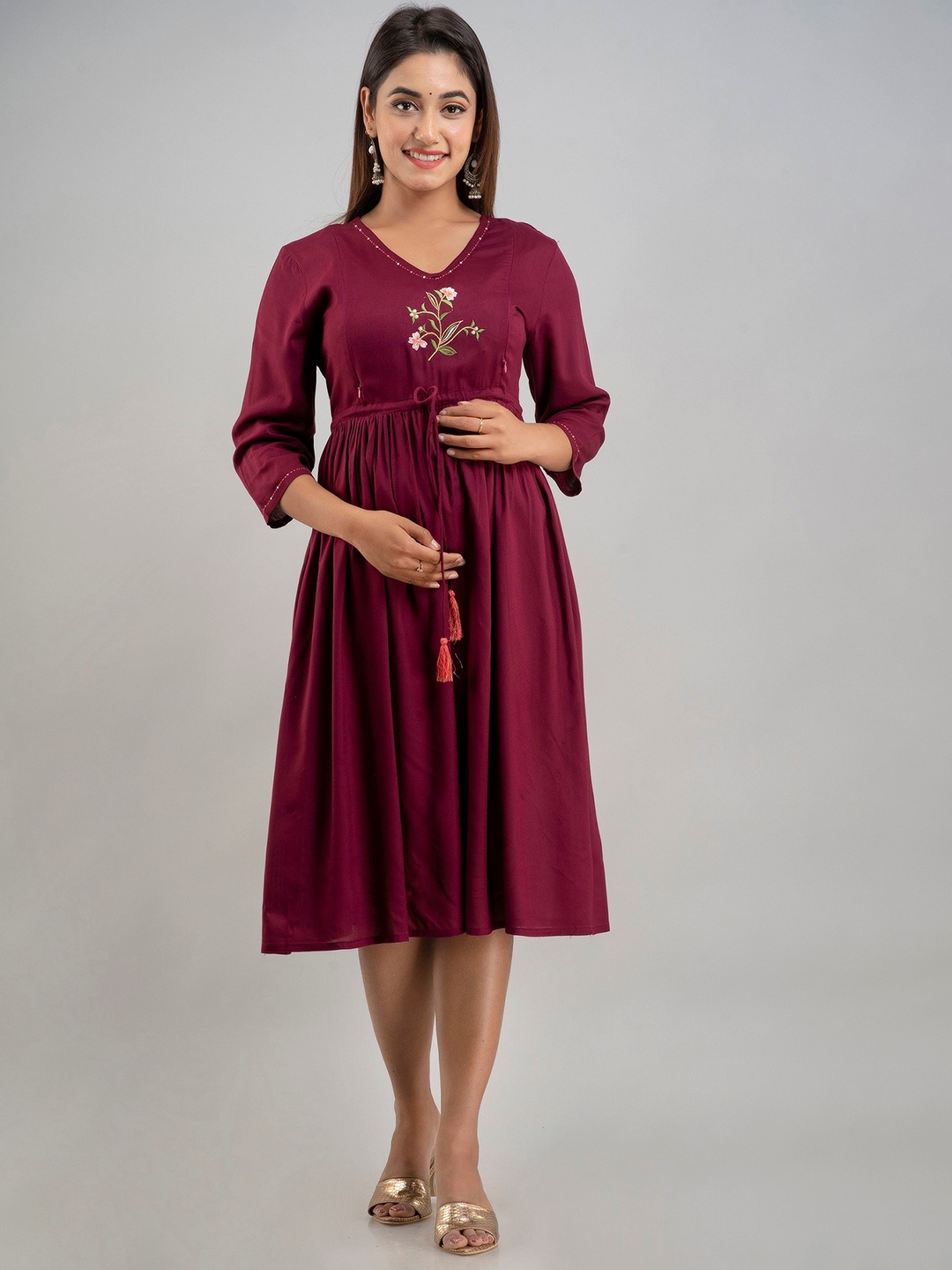 

Nirkhi Floral Embroidered Sequined Fit & Flare Maternity & Feeding Midi Ethnic Dress, Burgundy