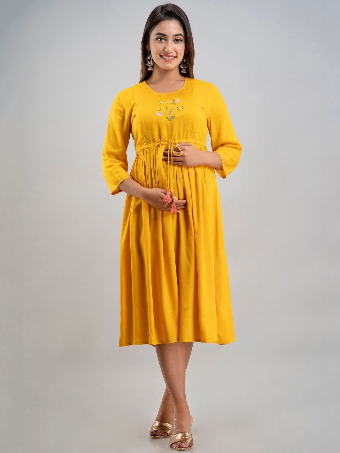 

Nirkhi Floral Embroidered Maternity Ethnic Dress, Mustard