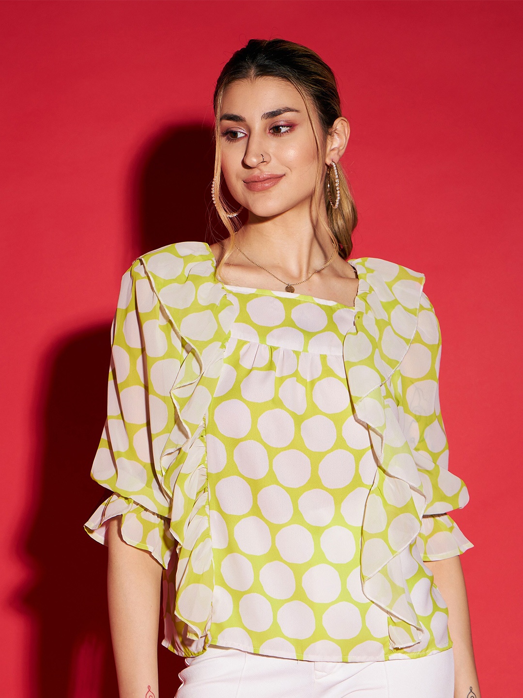 

SASSAFRAS Green Polka Dots Printed Cuff Sleeve Square Neck Ruffles Georgette Top