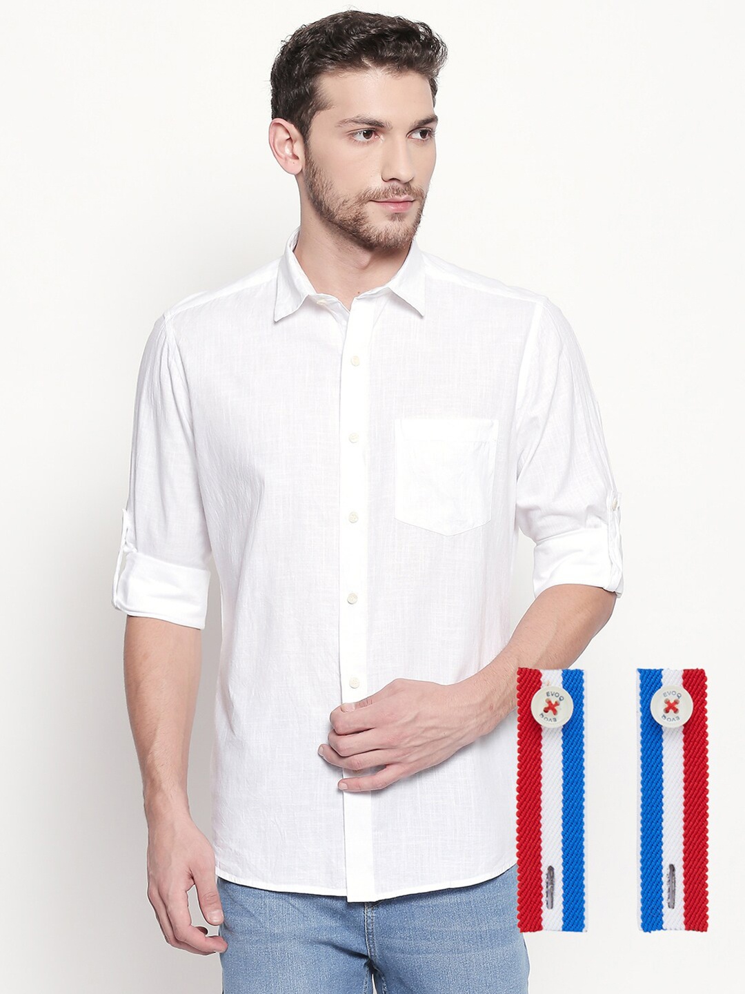 

EVOQ Standard-Fit Cotton Linen Casual Shirt, White