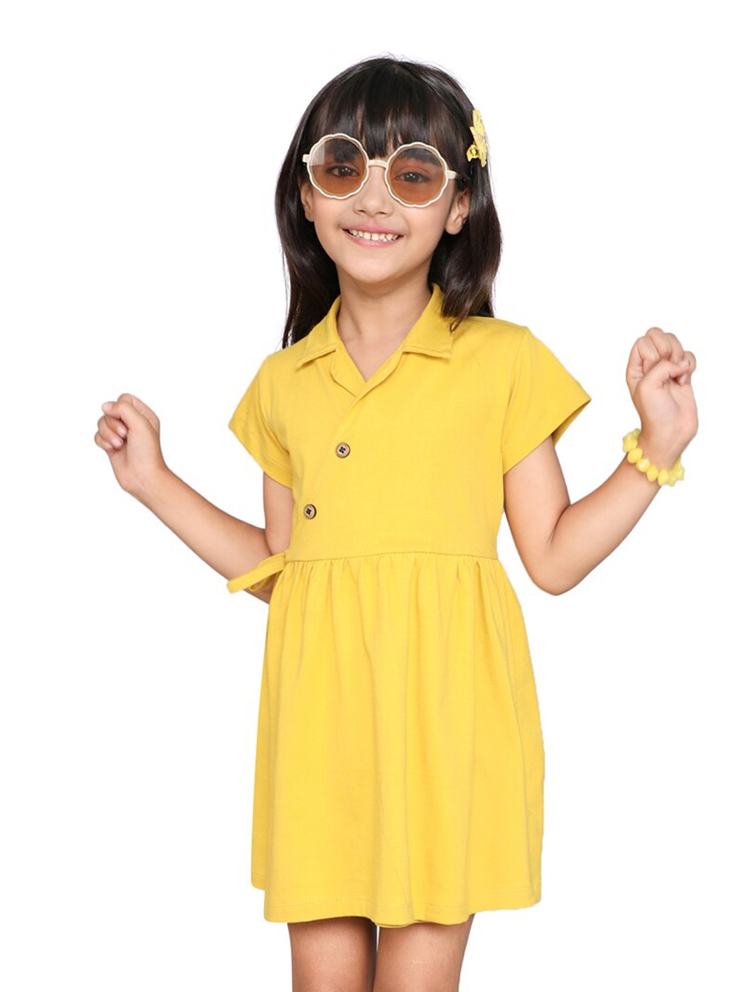 

Little Angels Shirt Collar Tie Knot Cotton A-Line Dress, Yellow