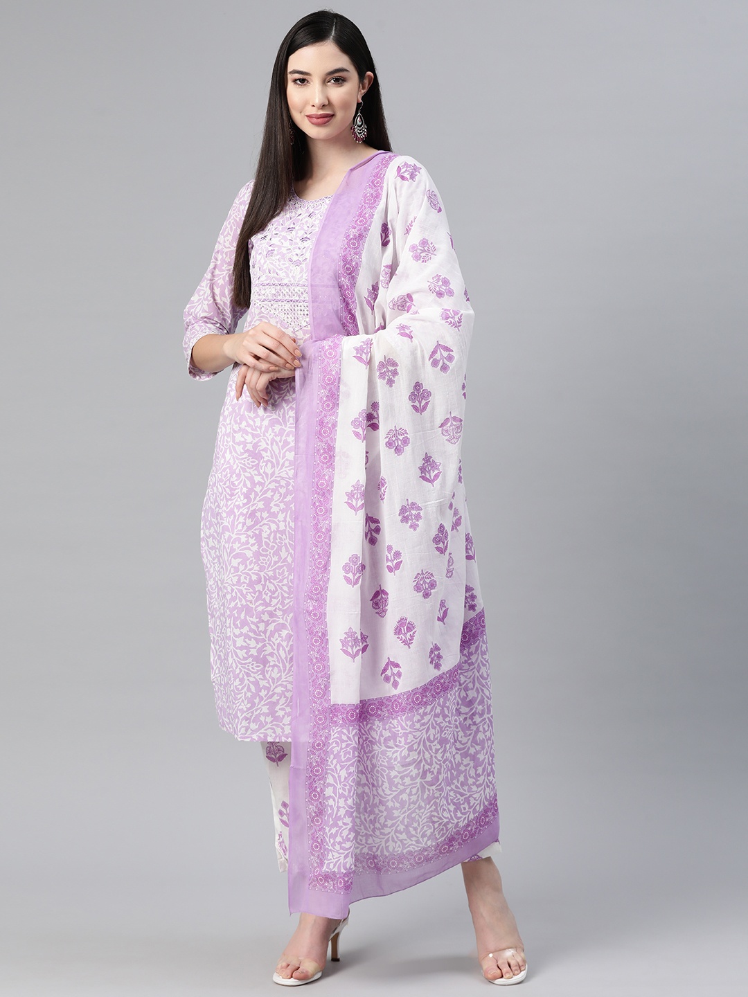 

Readiprint Fashions Floral Embroidered Sequinned Pure Cotton Kurta With Trousers & Dupatta, Purple