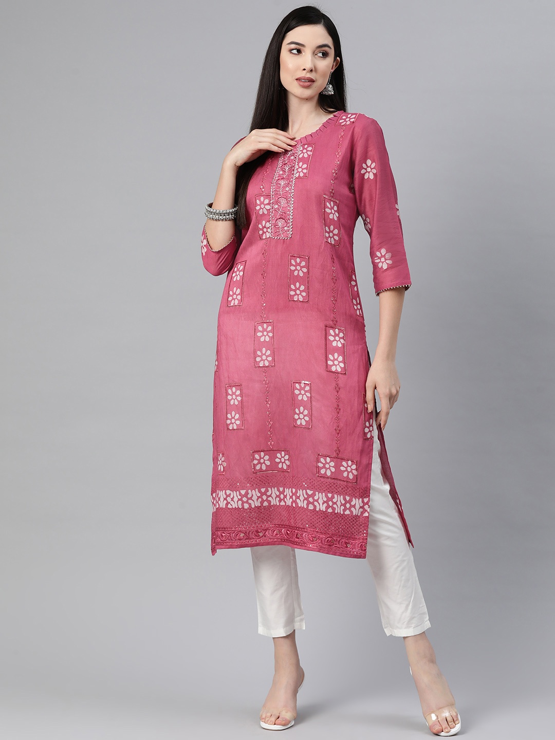 

Readiprint Fashions Floral Embroidered Sequinned Cotton Silk Kurta, Pink