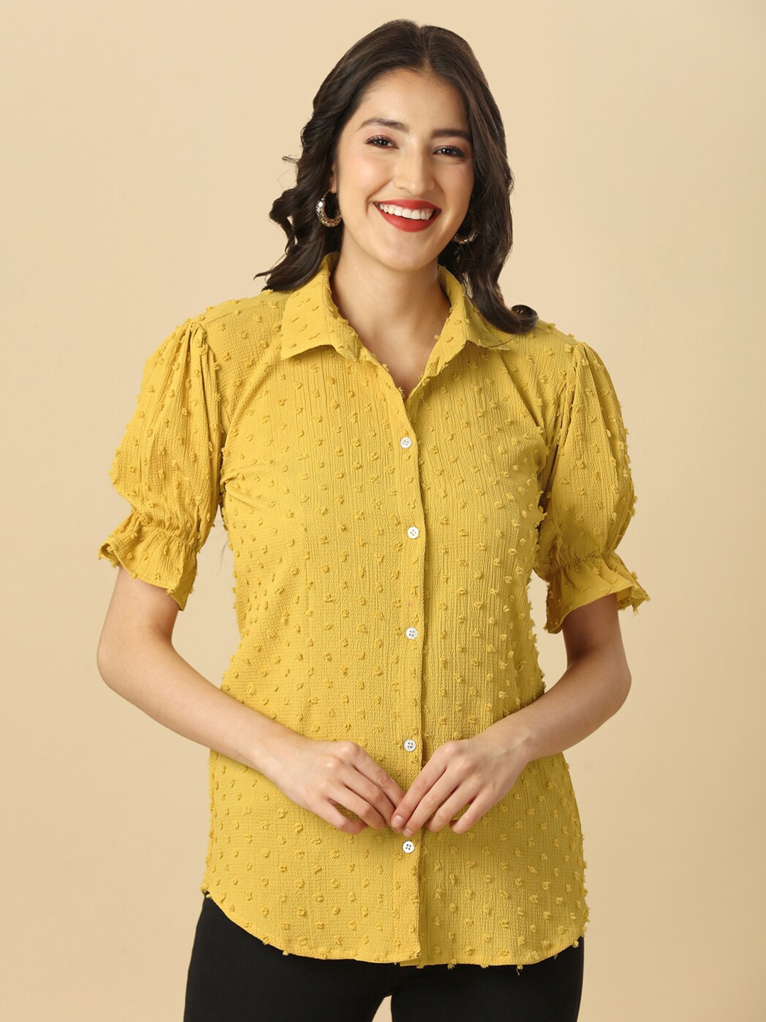 

GUFRINA Self Design Puff Sleeves Smocked Shirt Style Top, Yellow
