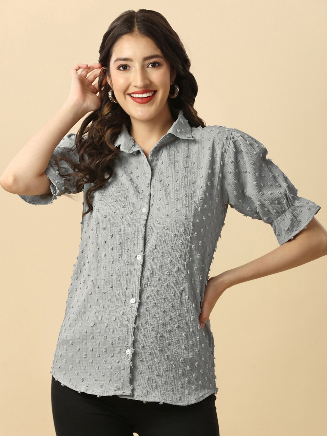 

GUFRINA Self Design Puff Sleeves Shirt Style Top, Grey