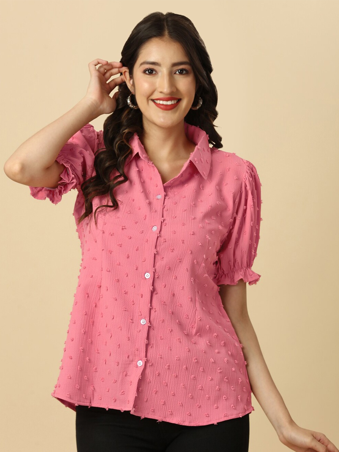 

GUFRINA Self Design Puff Sleeves Shirt Style Top, Pink