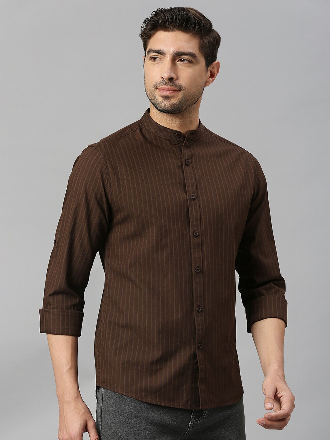 

HERE&NOW Brown Classic Slim Fit Striped Pure Cotton Casual Shirt