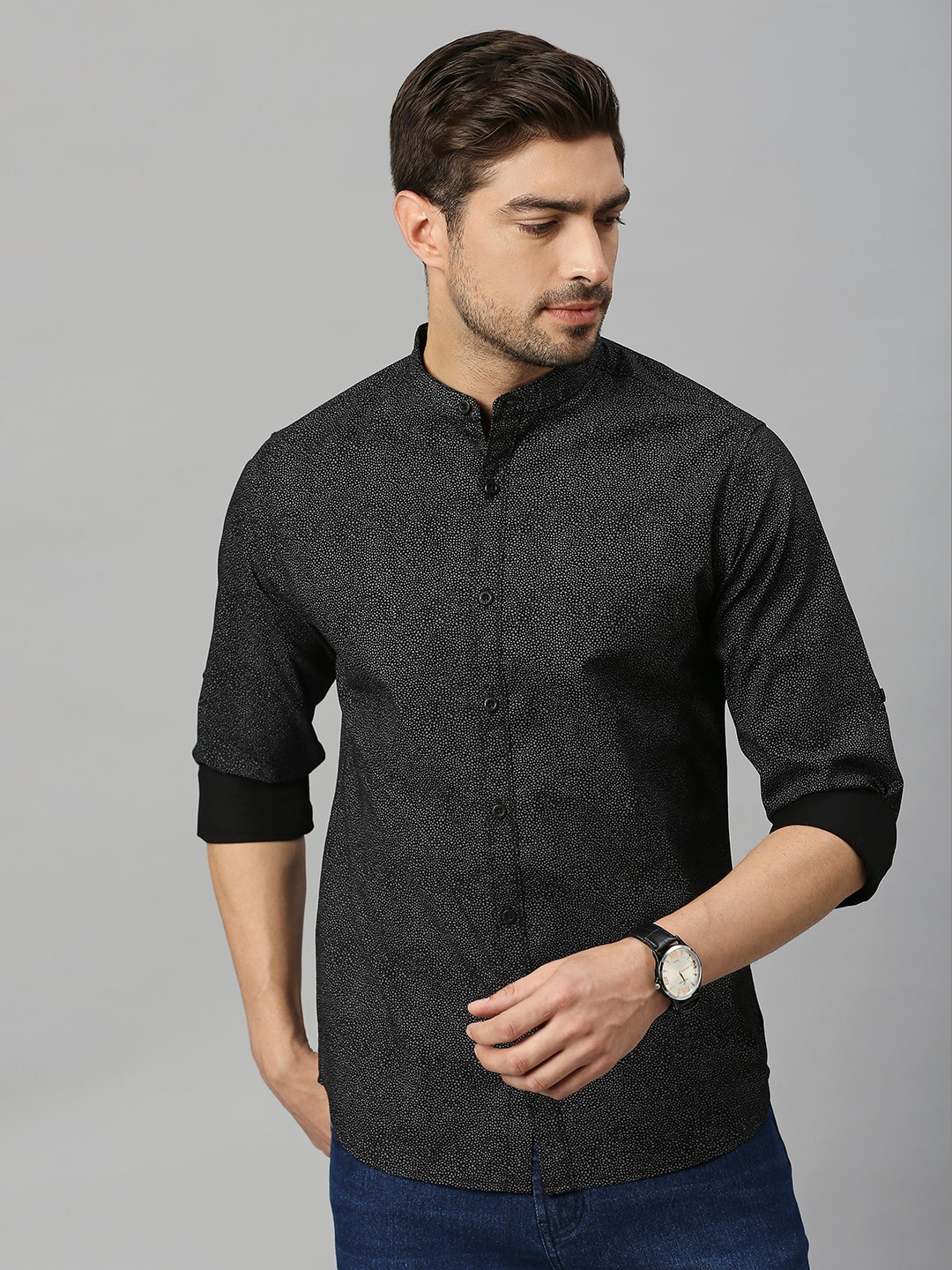 

HERE&NOW Black Classic Slim Fit Abstract Printed Pure Cotton Casual Shirt