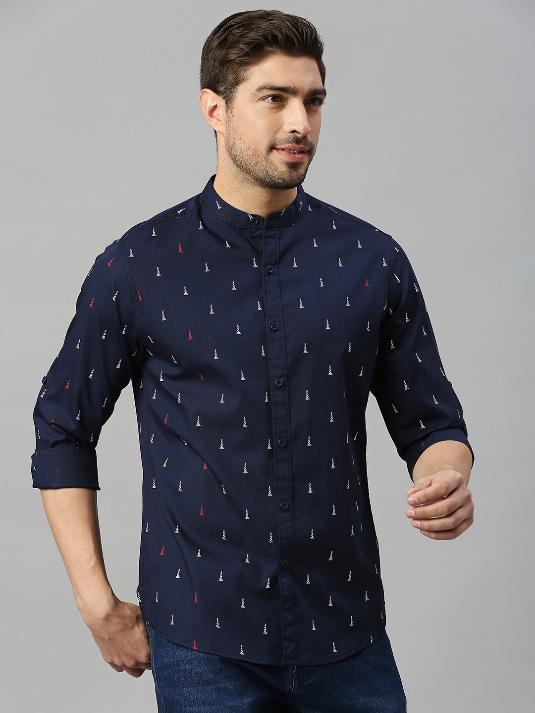 

HERE&NOW Navy Blue Conversational Printed Classic Pure Cotton Casual Shirt