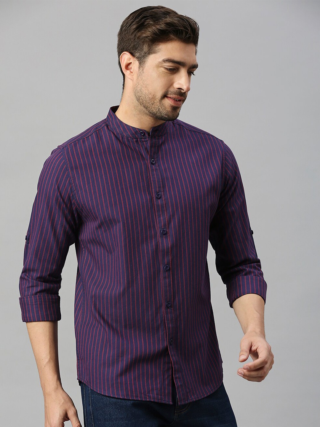 

HERE&NOW Purple Classic Slim Fit Striped Pure Cotton Casual Shirt