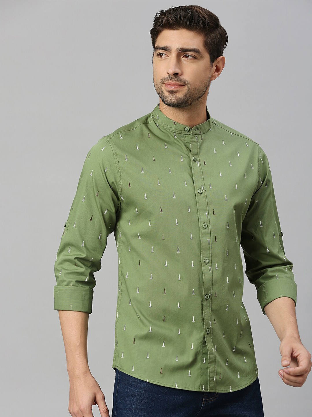 

HERE&NOW Green Classic Slim Fit Micro Ditsy Printed Pure Cotton Casual Shirt