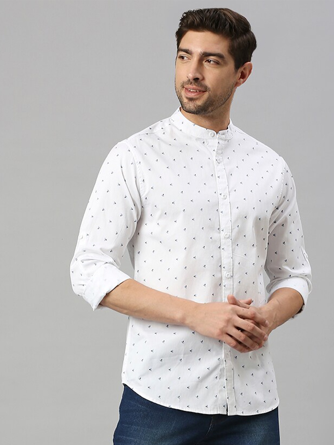 

HERE&NOW White Classic Slim Fit Micro Ditsy Printed Pure Cotton Casual Shirt