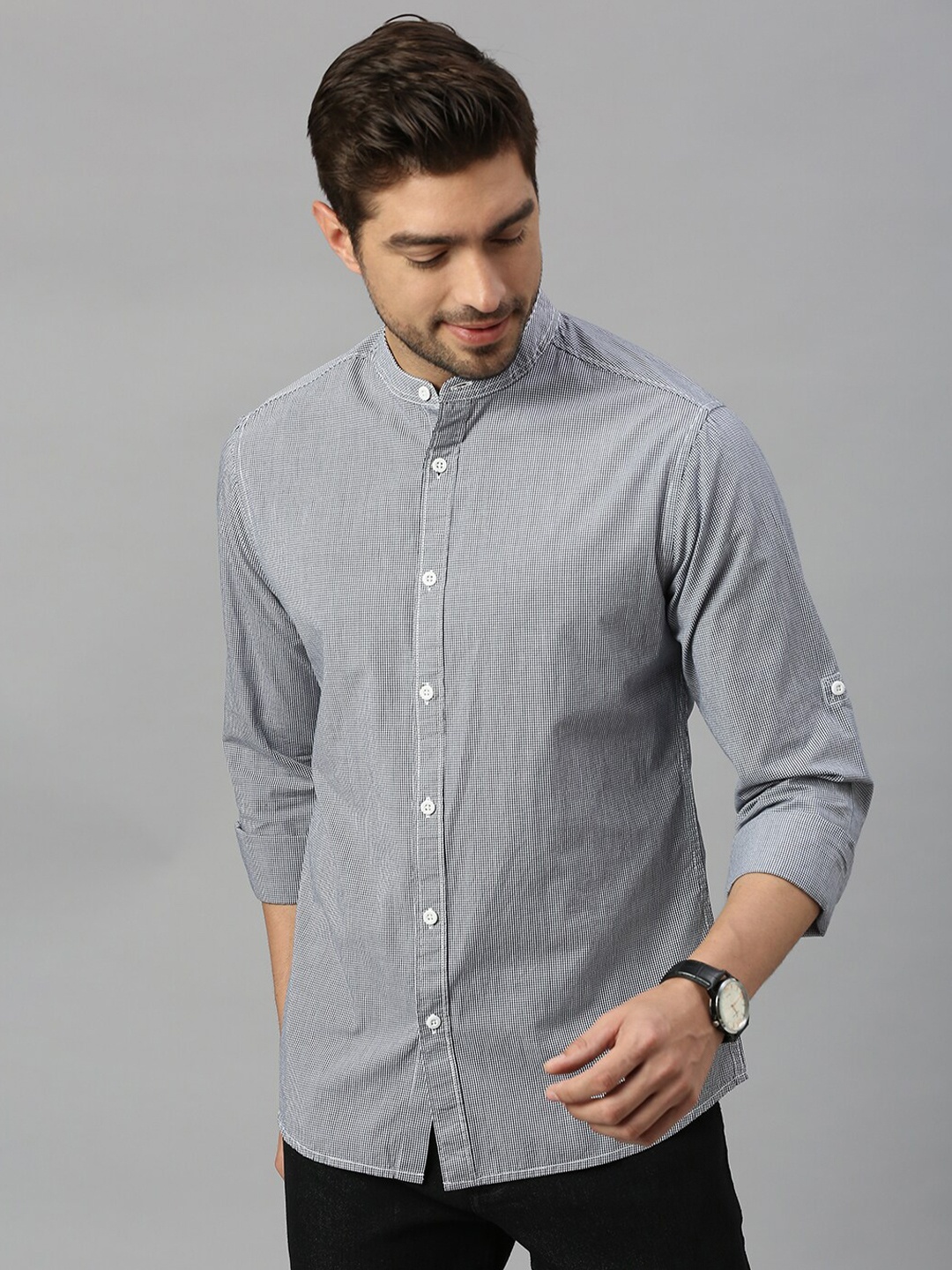 

HERE&NOW Black Classic Slim Fit Striped Pure Cotton Casual Shirt