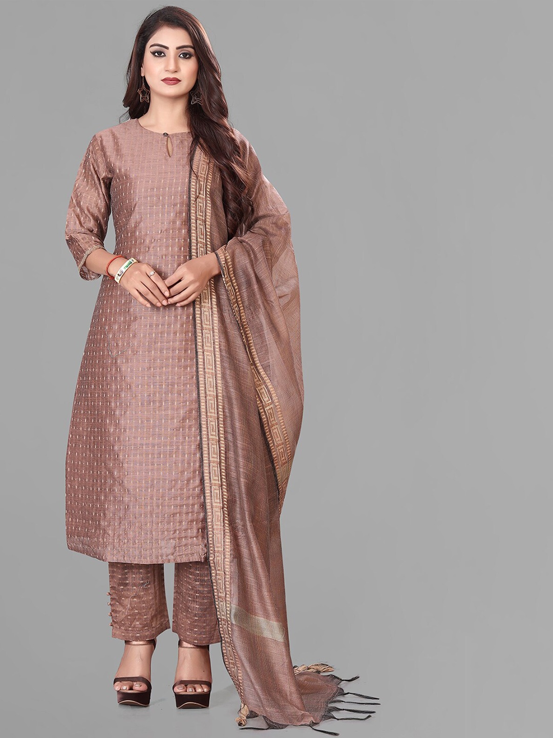 

KALINI Keyhole Neck Chanderi Cotton Kurta with Trousers & Dupatta, Bronze