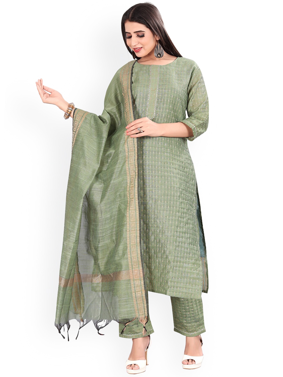 

KALINI Self Design Chanderi Cotton Kurta with Trousers & Dupatta, Green