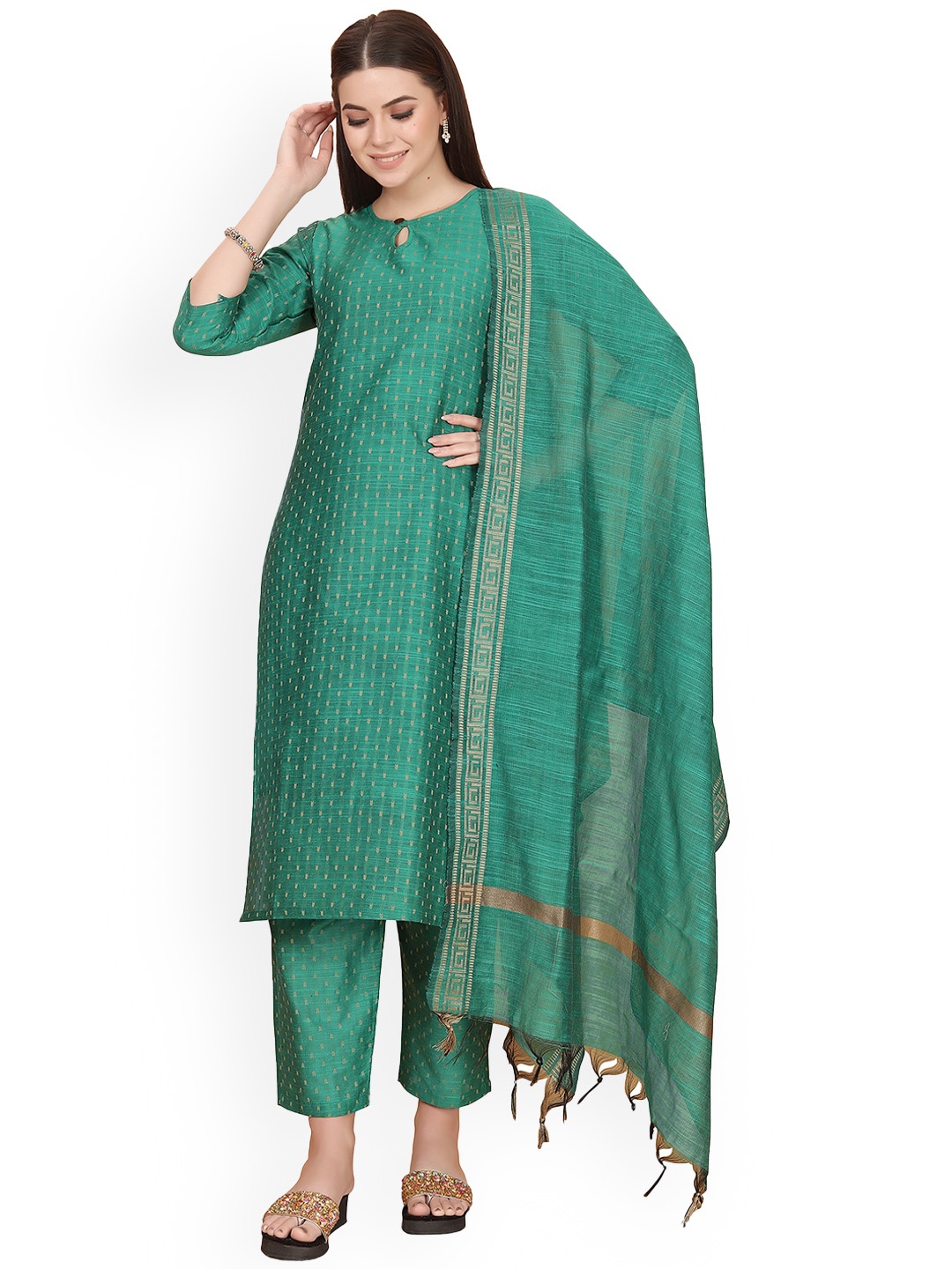 

KALINI Woven Design Chanderi Cotton Kurta with Trousers & Dupatta, Green