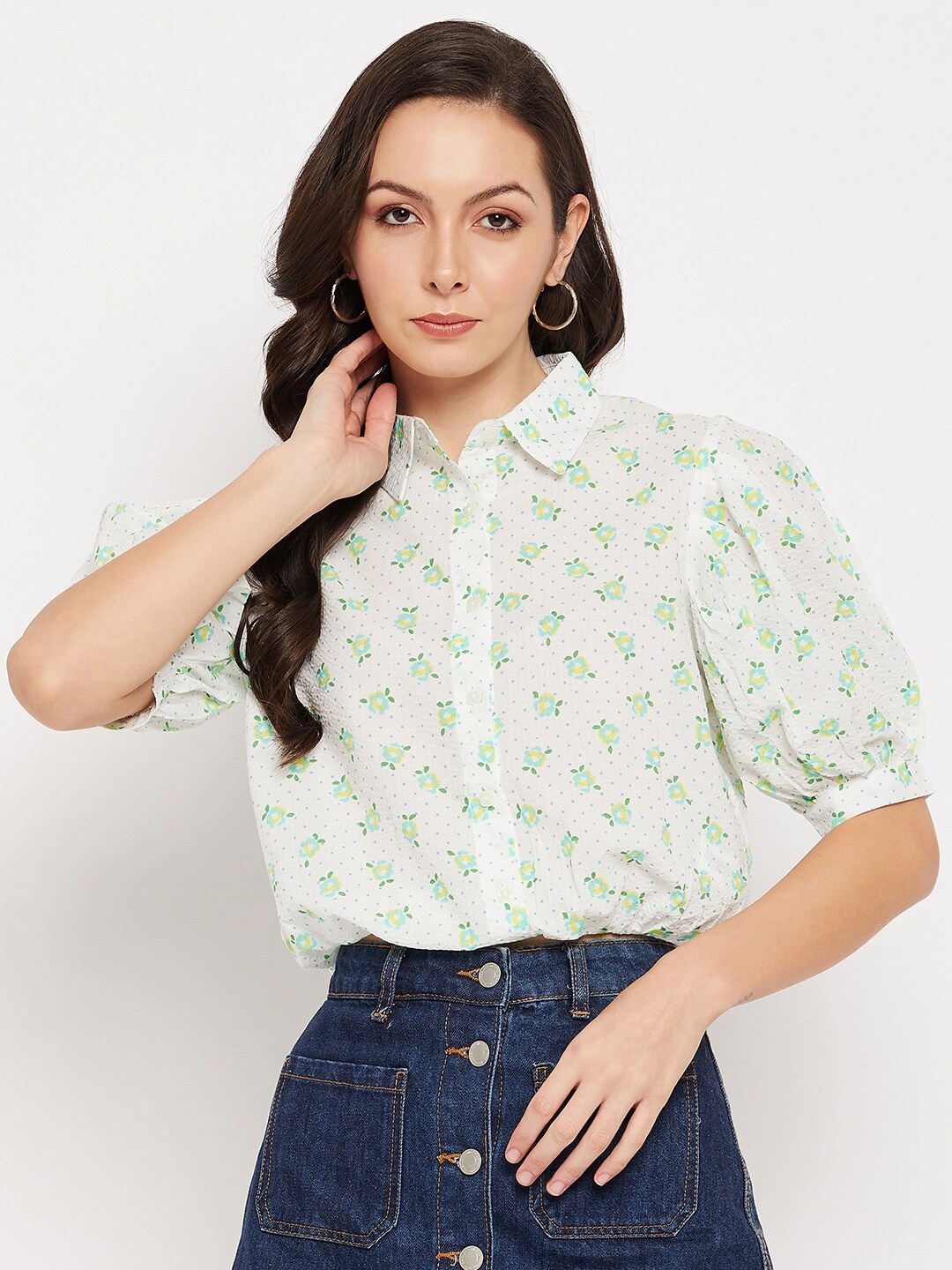 

CAMLA Floral Print Puff Sleeve Shirt Style Top, White