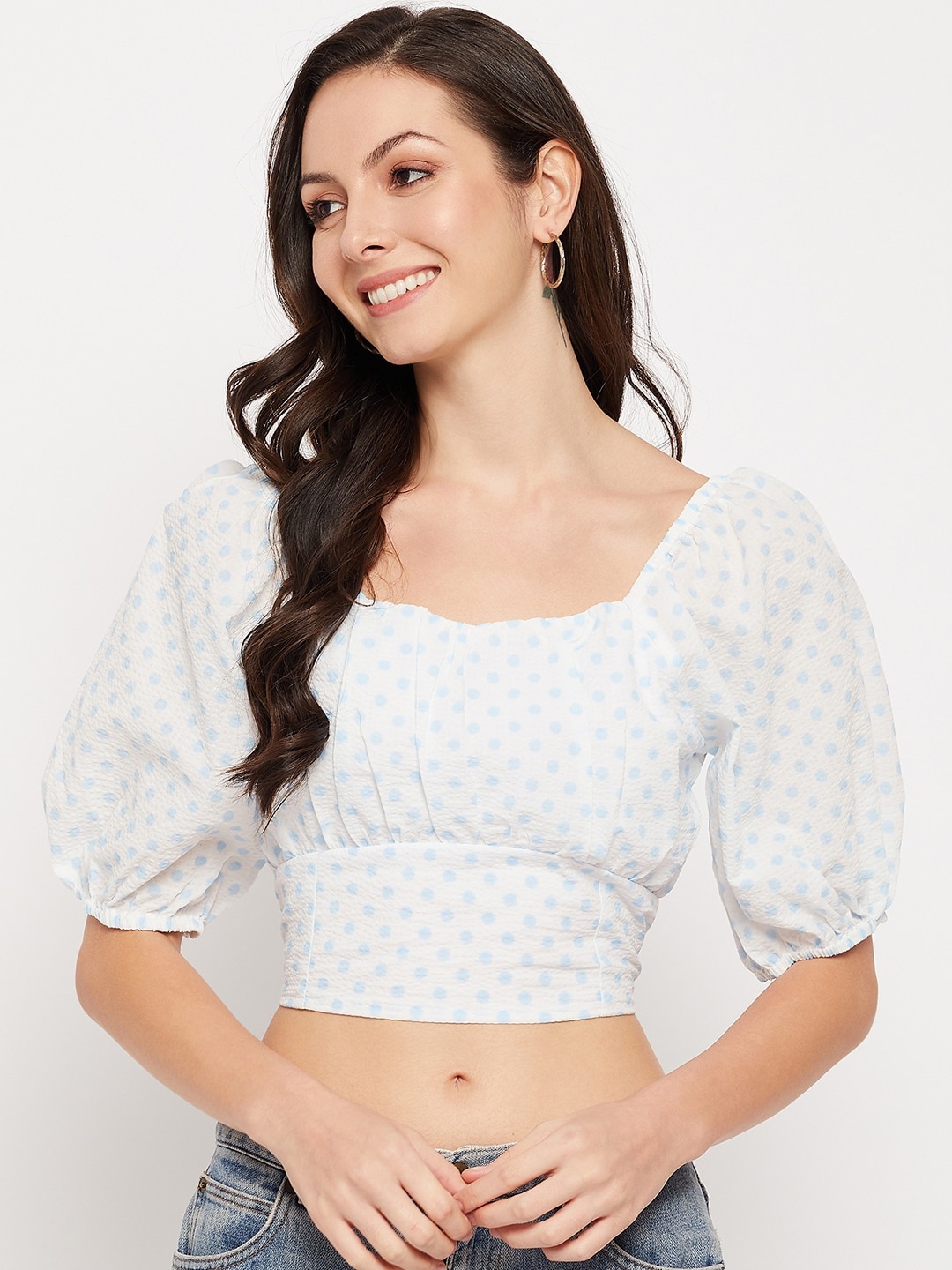 

CAMLA Polka Dot Print Puff Sleeve Blouson Crop Top, White