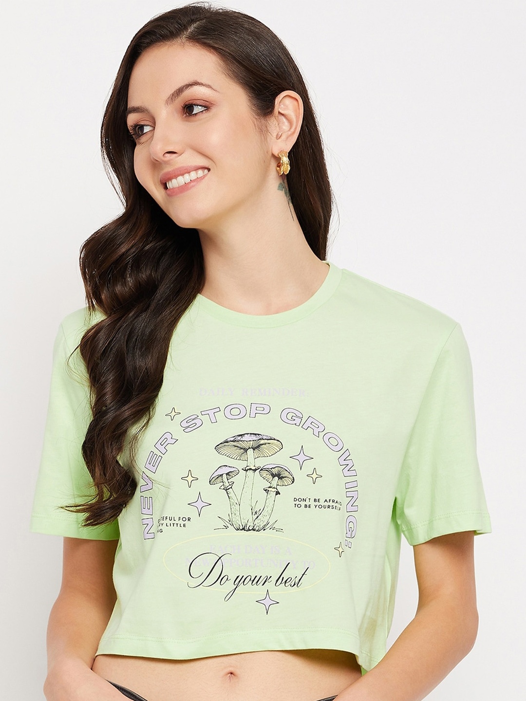 

CAMLA Typography Printed Cotton Crop T-shirt, Green