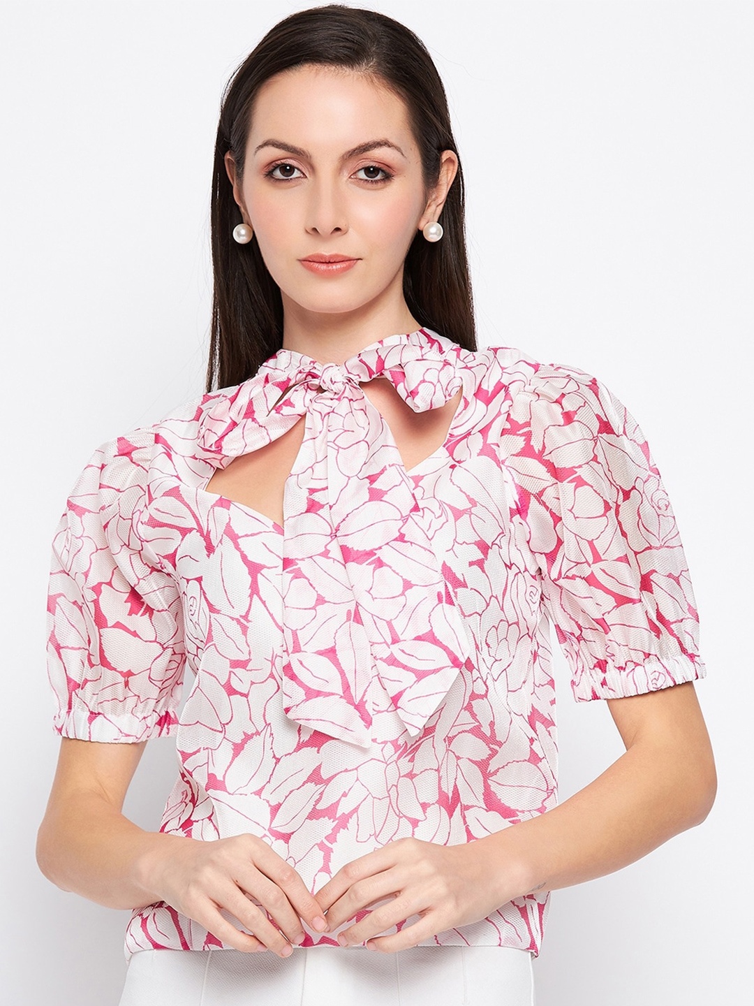 

CAMLA Floral Print Tie-Up Neck Puff Sleeve Shirt Style Top, Pink