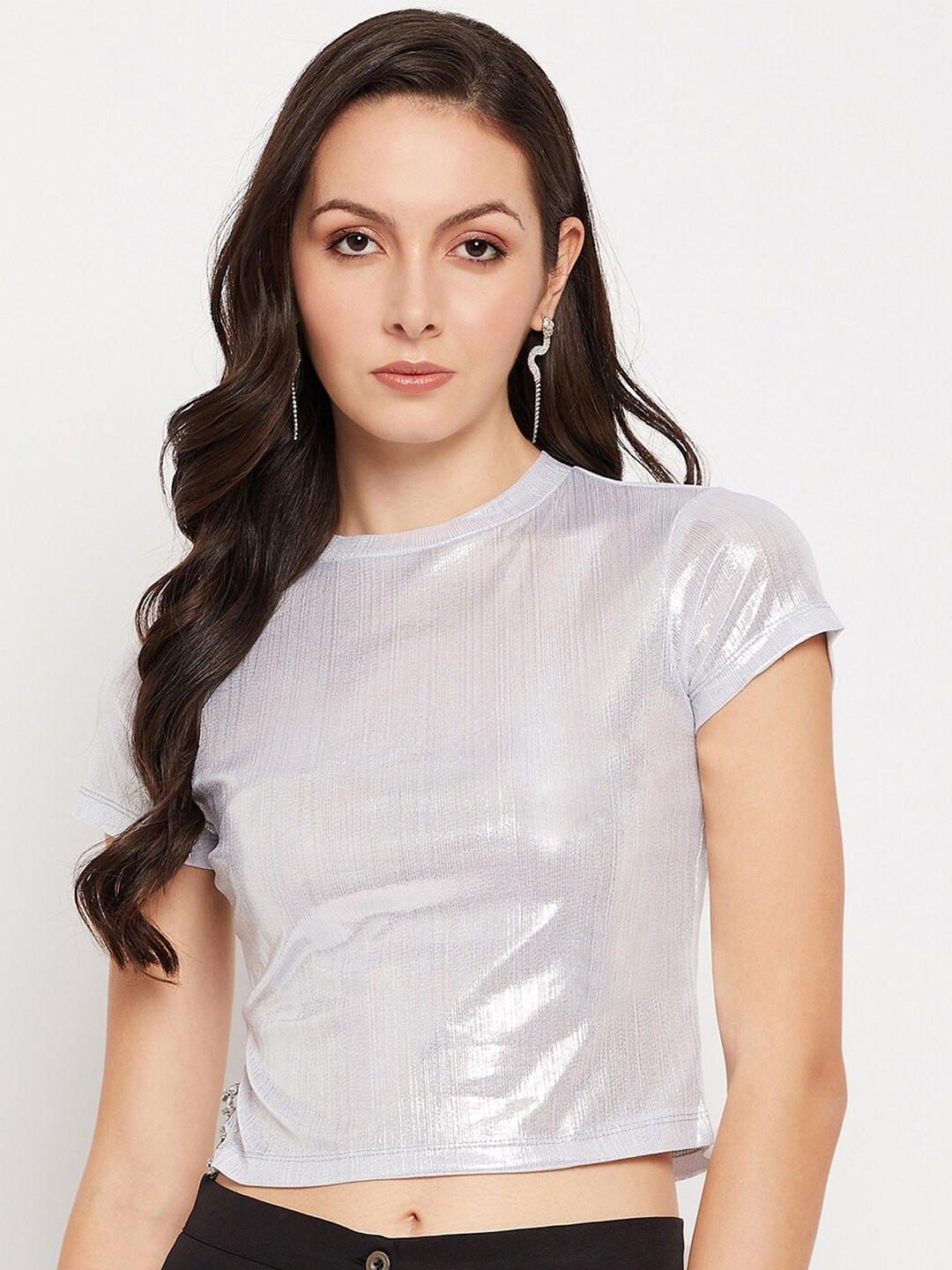 

CAMLA Round Neck Short Sleeves Cotton Crop T-shirt, Silver